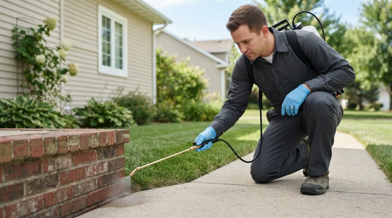Pest control technician treating a home near Woodland, PA