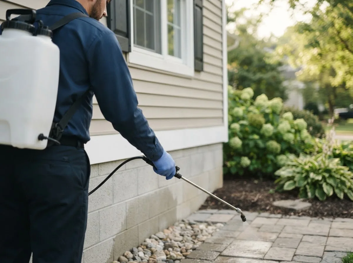 Pest control technician inspecting a home in Woodland, PA